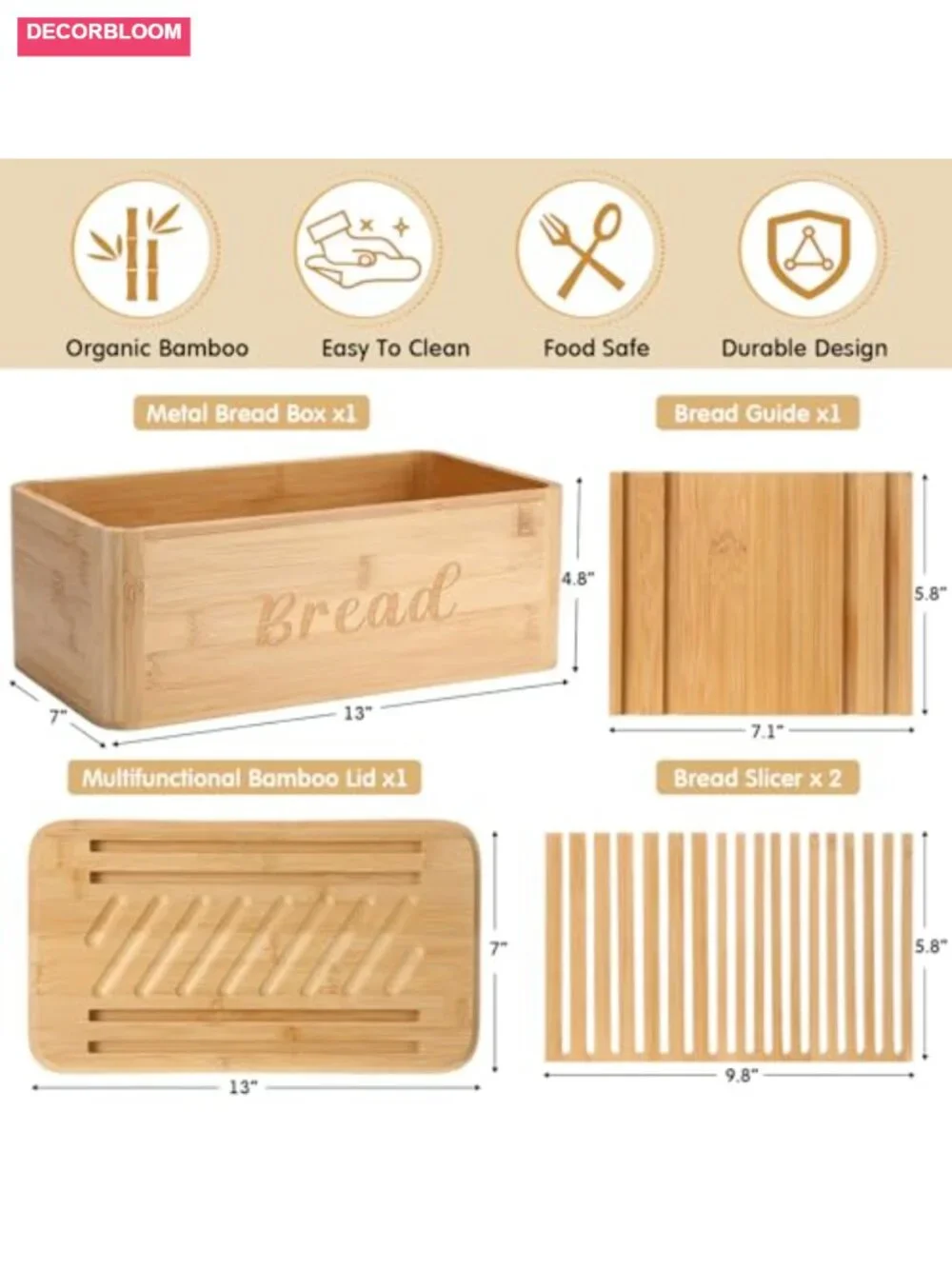 Bread Box with Slicer, 3-in-1 Storage with Bamboo Lid, Multifunction Kitchen